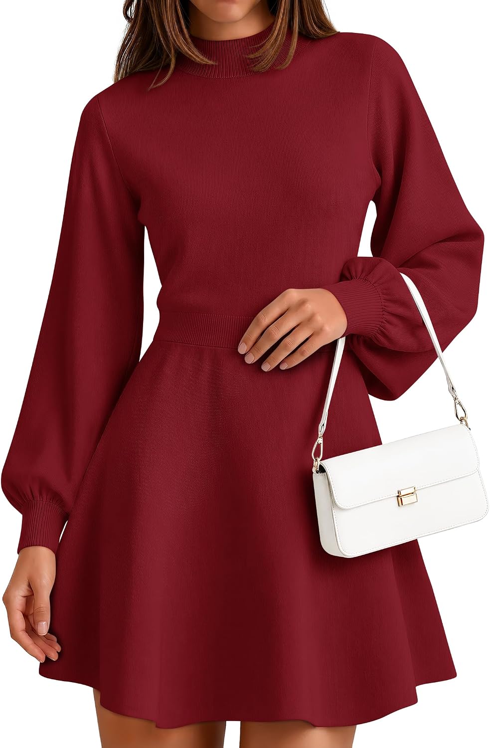 ZESICA Womens Fall Mock Neck Long Lantern Sleeve Sweater Mini Dress | High Waist A Line, Swing Short Dresses, Soft Ribbed Knit, 2026 Winter Elegant Cocktail Party Formal Wedding Guest Dress