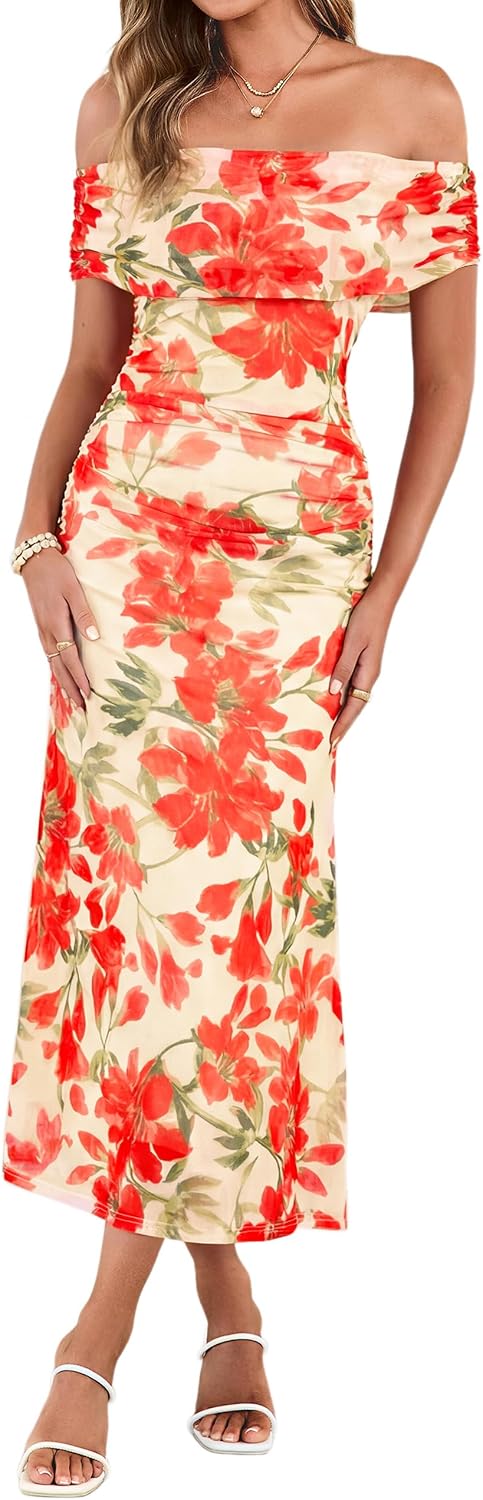 Simplee Womens Off Shoulder Maxi Dress Summer Floral Wedding Guest Dresses | Mesh Ruched Bodycon, Semi Formal Dress 2026, Strapless Spring Pastel Elegant, Cocktail Party Prom, Bridal Shower, Beach
