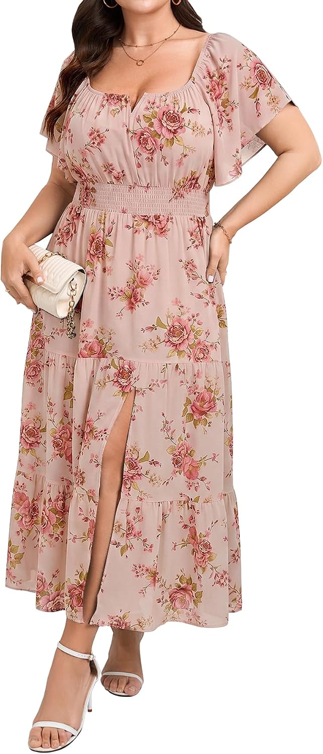 SCOMCHIC Womens Plus Size Wedding Guest Cocktail Dresses | Short Sleeve, Square Neck, Tiered Ruffle, Slit Maxi Dress