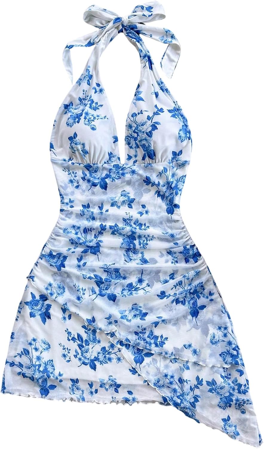 SOLY HUX Women's Y2K Summer Beach Halter Mini Dress | Retro Floral Dress, V Neck, Backless, Club Nightout, Sexy Going Out Clothes, Birthday Dress