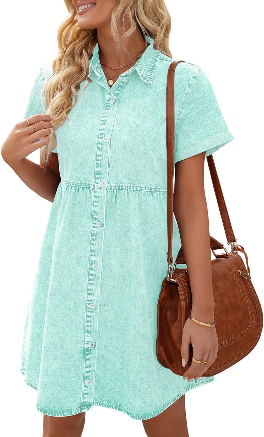 LookbookStore Denim Dress for Women Short Sleeve Flowy Babydoll Jean Dress | Trendy Womens Summer Dresses, Tiered Baby Doll Short Dress, Above Knee Length, Button Down, Daily Wear, Country Concert Dress