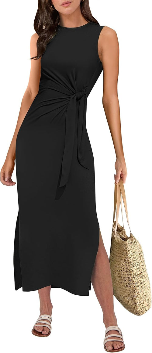 ANRABESS Women's Sleeveless T-Shirt Midi Tank Dress | Summer Casual, Slim Fit, Tie Waist Split Trendy Long Dresses, 2026 Travel Vacation Beach Sundress, Soft Comfy