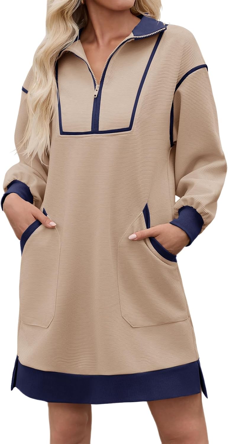 Wenrine Womens Half Zip Sweatshirt Dress Fall V Neck Contrast Mini Dresses | Oversized, Zip Up, Collared, Long Sleeve, Loose Fit, Slit Hem, Two Side Pockets, Sporty, Pullover