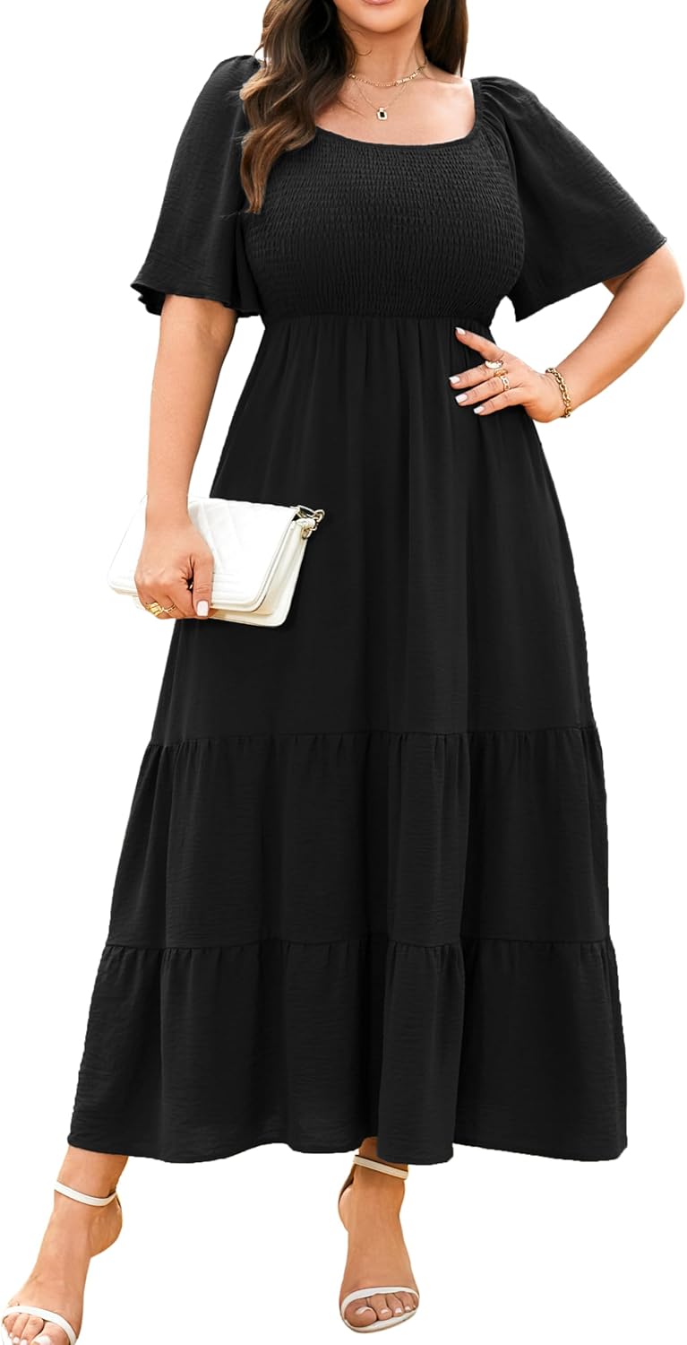 RWJ Women's Plus Size Summer Dresses Short Sleeve Smocked Boho Maxi Dress | Beach Dresses for Women 2026 Vacation, Bohemian Floral Square Neck Empire Waist, Wedding Guest Baby Shower Casual Sundress