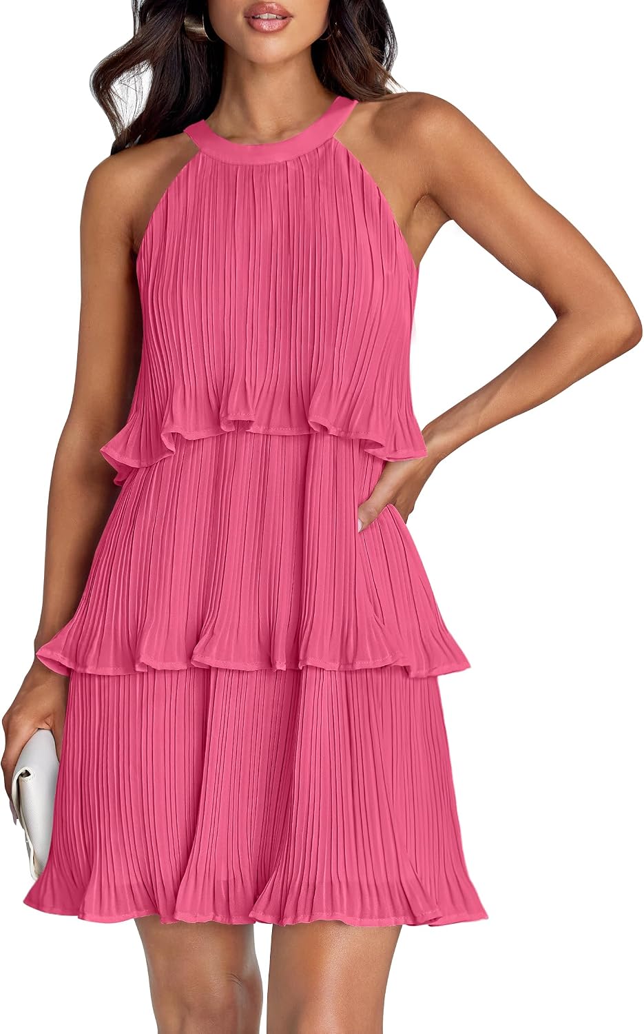 ZESICA Women's Summer Halter Ruffle Tiered Cocktail Mini Dresses | Chiffon Pleated, Sleeveless, Flowy Layered A Line Short Dress, Sexy Beach Vacation, Elegant Wedding Guest, 2026 Sundress