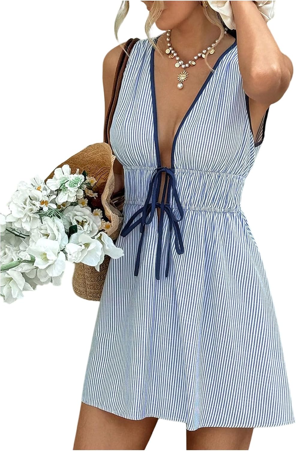 SHENHE Women's Deep V Neck Tie Bow Denim Summer Casual Jean Tank Dresses | Sleeveless,Denim Mini Dress,Plunge Neck,High Waisted