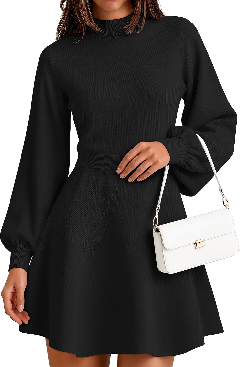 ZESICA Womens Fall Mock Neck Long Lantern Sleeve Sweater Mini Dress | High Waist A Line, Swing Short Dresses, Soft Ribbed Knit, 2026 Winter Elegant Cocktail Party Formal Wedding Guest Dress