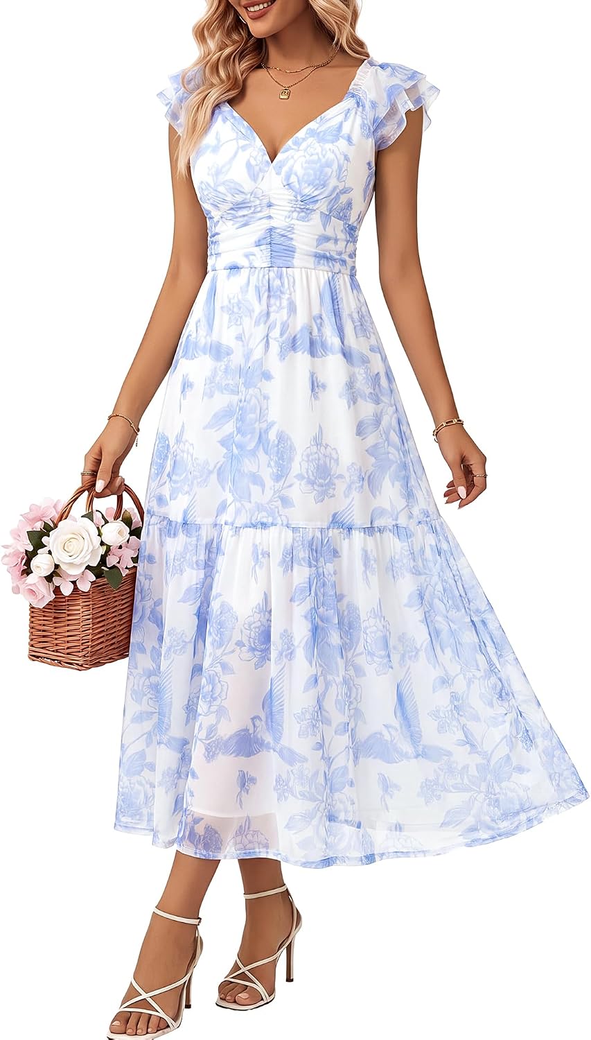 HUHOT Women's Stretchy Tulle Summer Midi Dress Ruffle Flowy Mesh Wedding Guest Sundress