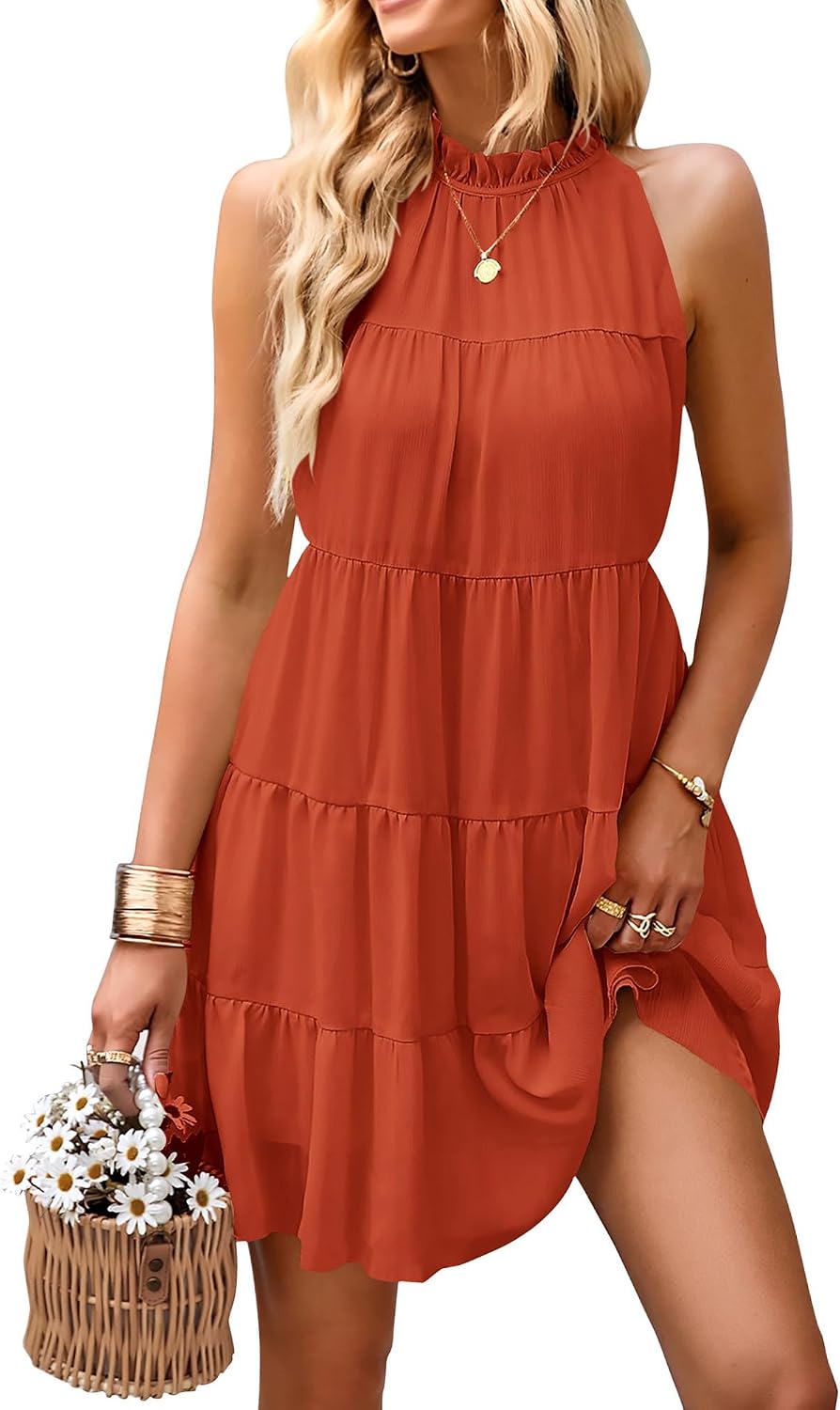 KIRUNDO Summer Sundresses for Women Halter Dress Babydoll | Spring Sleeveless Halter Top, Flowy Tiered Pleated, Western Cute Country Concert, Beach Wedding Guest Vacation Cruise Dress