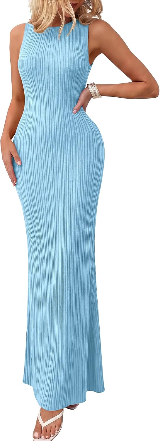 PRETTYGARDEN Women's Knit Bodycon Maxi Going Out Dresses | Ribbed Textured, Sleeveless Tank Dress, Fitted Long Sundresses, Casual Elegant, Summer Date Night Outfits, Fashion Clothing