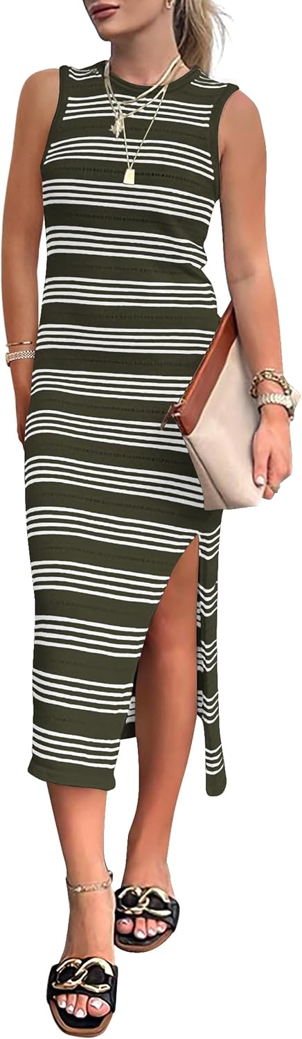 PRETTYGARDEN Women's Summer Sleeveless Striped Midi Dresses | Soft Stretchy Hollow Out Knit, Slim Fit Side Slit, Crewneck Tank Sundress Casual, Beach Vacation Outfits, Date Party Dress