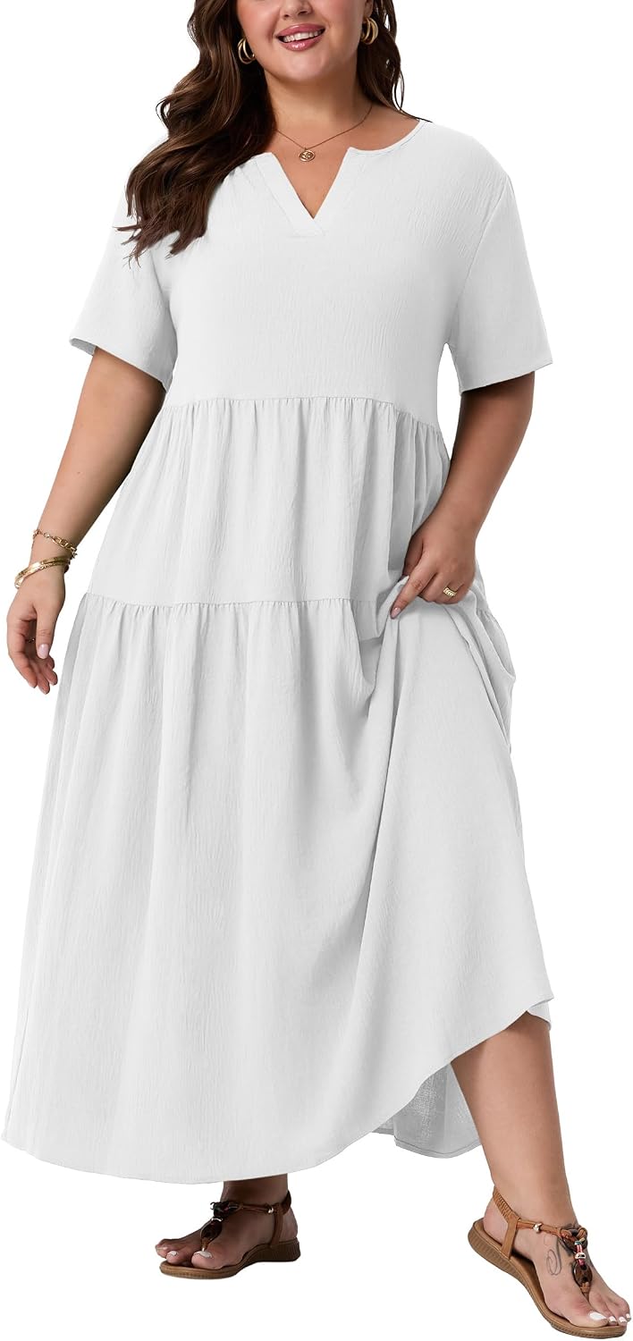 OLRIK Plus Size Maxi Dresses for Curvy Women - Flowy Boho Summer Dress with Pockets, V-Neck Short Sleeve for Beach Vacation