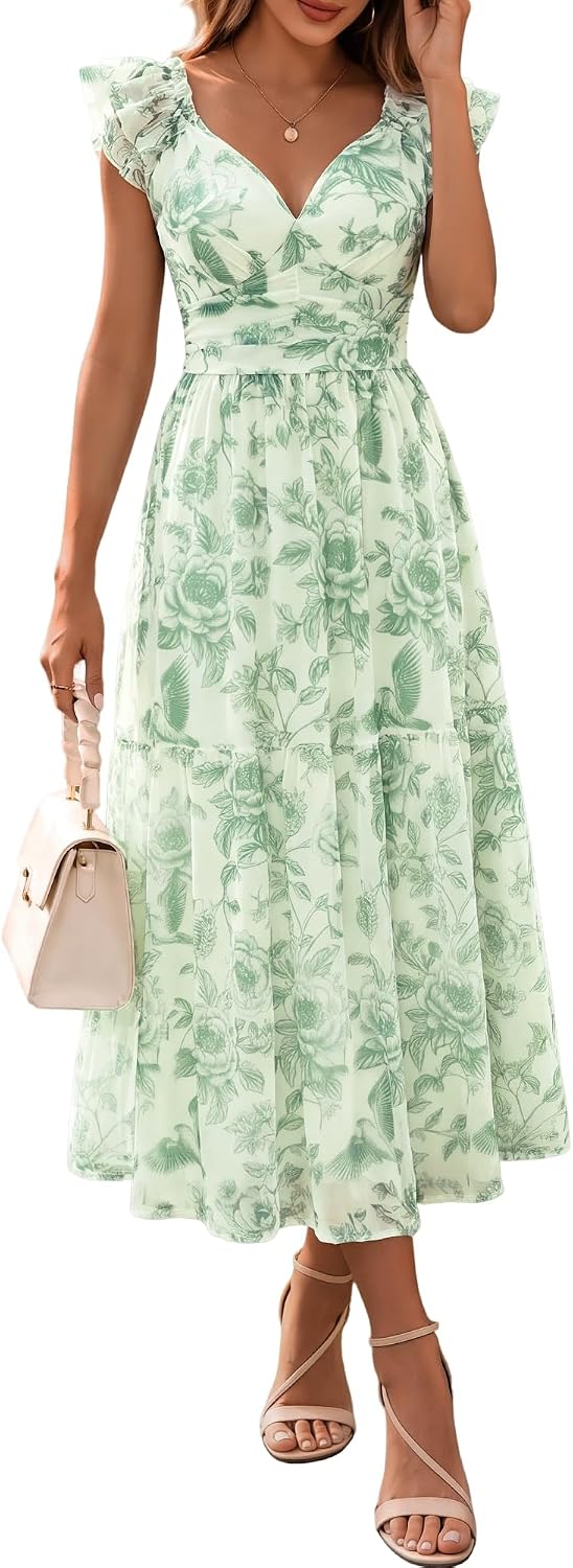 HUHOT Women's Stretchy Tulle Summer Midi Dress Ruffle Flowy Mesh Wedding Guest Sundress