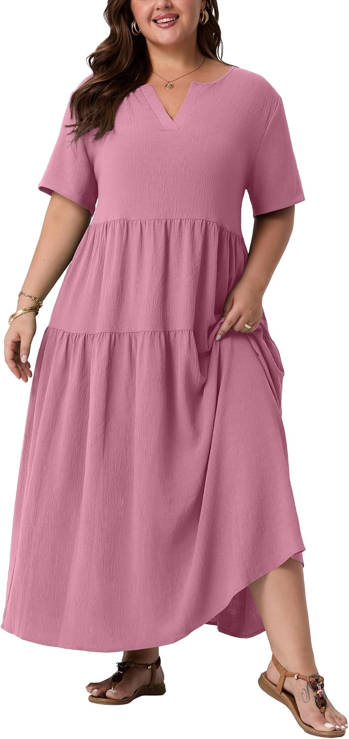 OLRIK Plus Size Maxi Dresses for Curvy Women - Flowy Boho Summer Dress with Pockets, V-Neck Short Sleeve for Beach Vacation