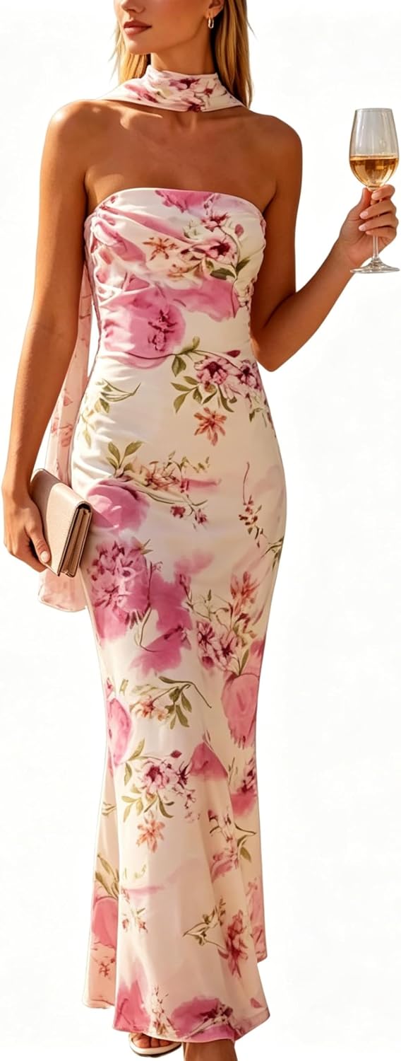 Women's Floral Strapless Tube Maxi Dress with Scarf, Bodycon Long Dress | 2-Layer: Mesh outer, stretchy lining\u2014no see-through, dress features non-slip strips. Suitable for spring and summer wear.