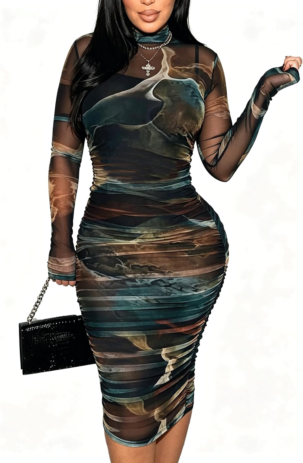 MOEENCN Women's Sexy Long Sleeve Sheer Mesh Midi Bodycon Dress 2 Piece Set | Sheer Printed Mesh Overlay, Adjustable Spaghetti\u2011Strap Slip Liner, Crew Neck, Date Night Birthday Going Out Clubwear