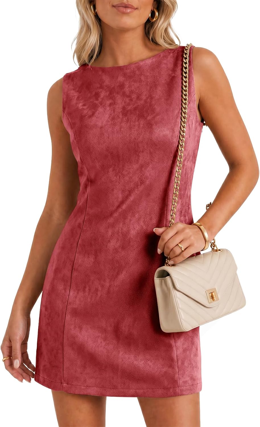 Wenrine Womens Suede Mini Dress Fall A Line Zipper Slim Party Dresses | Faux Suede, Sleeveless, Crewneck, Wear to Work, V Neck Back, Elegant Cocktail Dress, Wedding, Date Night
