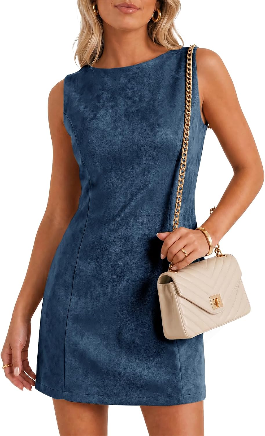 Wenrine Womens Suede Mini Dress Fall A Line Zipper Slim Party Dresses | Faux Suede, Sleeveless, Crewneck, Wear to Work, V Neck Back, Elegant Cocktail Dress, Wedding, Date Night