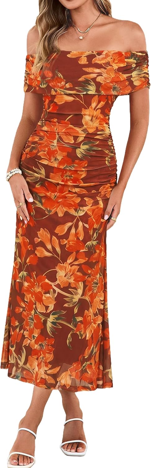 Simplee Womens Off Shoulder Maxi Dress Summer Floral Wedding Guest Dresses | Mesh Ruched Bodycon, Semi Formal Dress 2026, Strapless Spring Pastel Elegant, Cocktail Party Prom, Bridal Shower, Beach