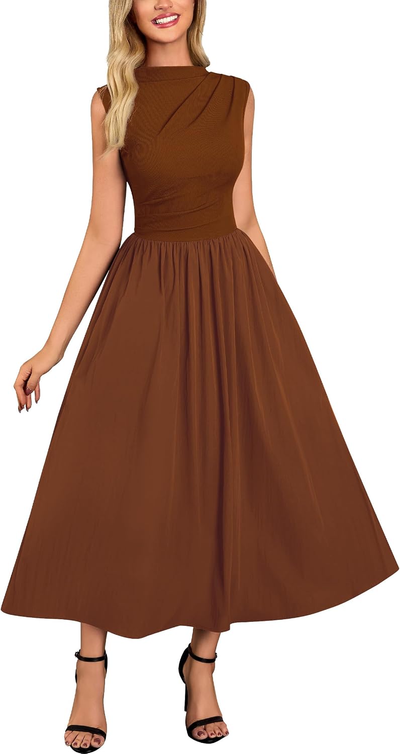 Miusol Women's Retro Half Collar Sleeveless with Pocket Casual Swing Dress | Sleevelss, Slim Cutting, Under Knee Length, For Outdoor