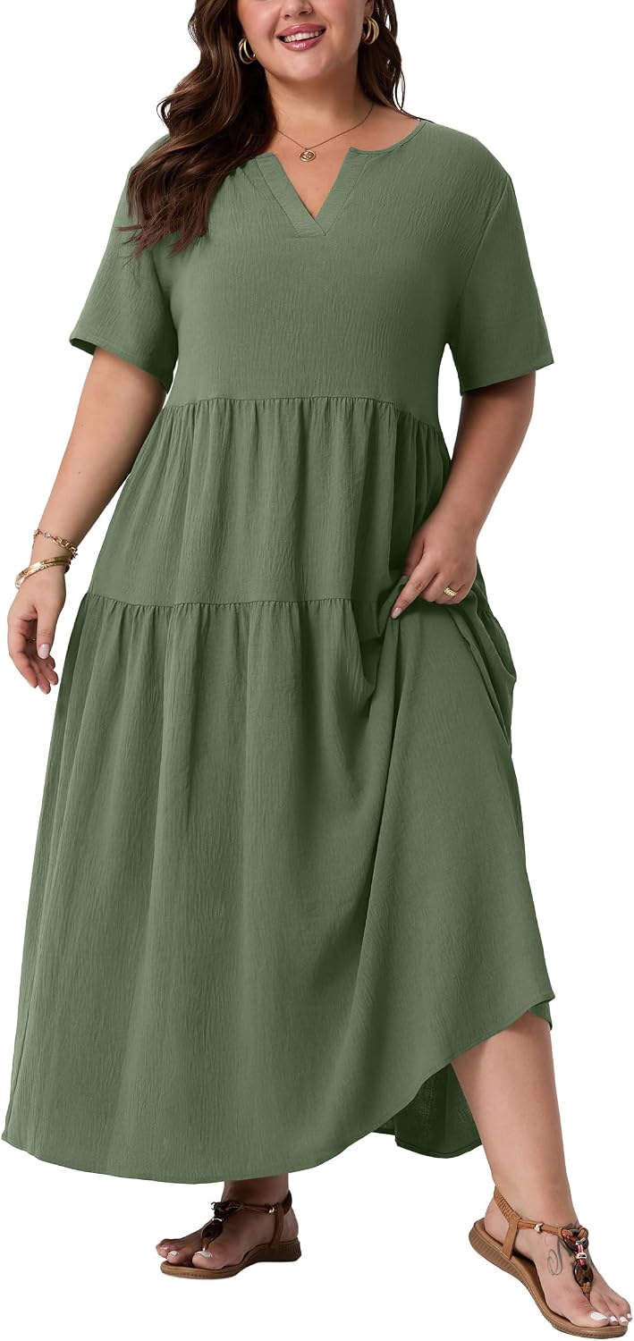 OLRIK Plus Size Maxi Dresses for Curvy Women - Flowy Boho Summer Dress with Pockets, V-Neck Short Sleeve for Beach Vacation