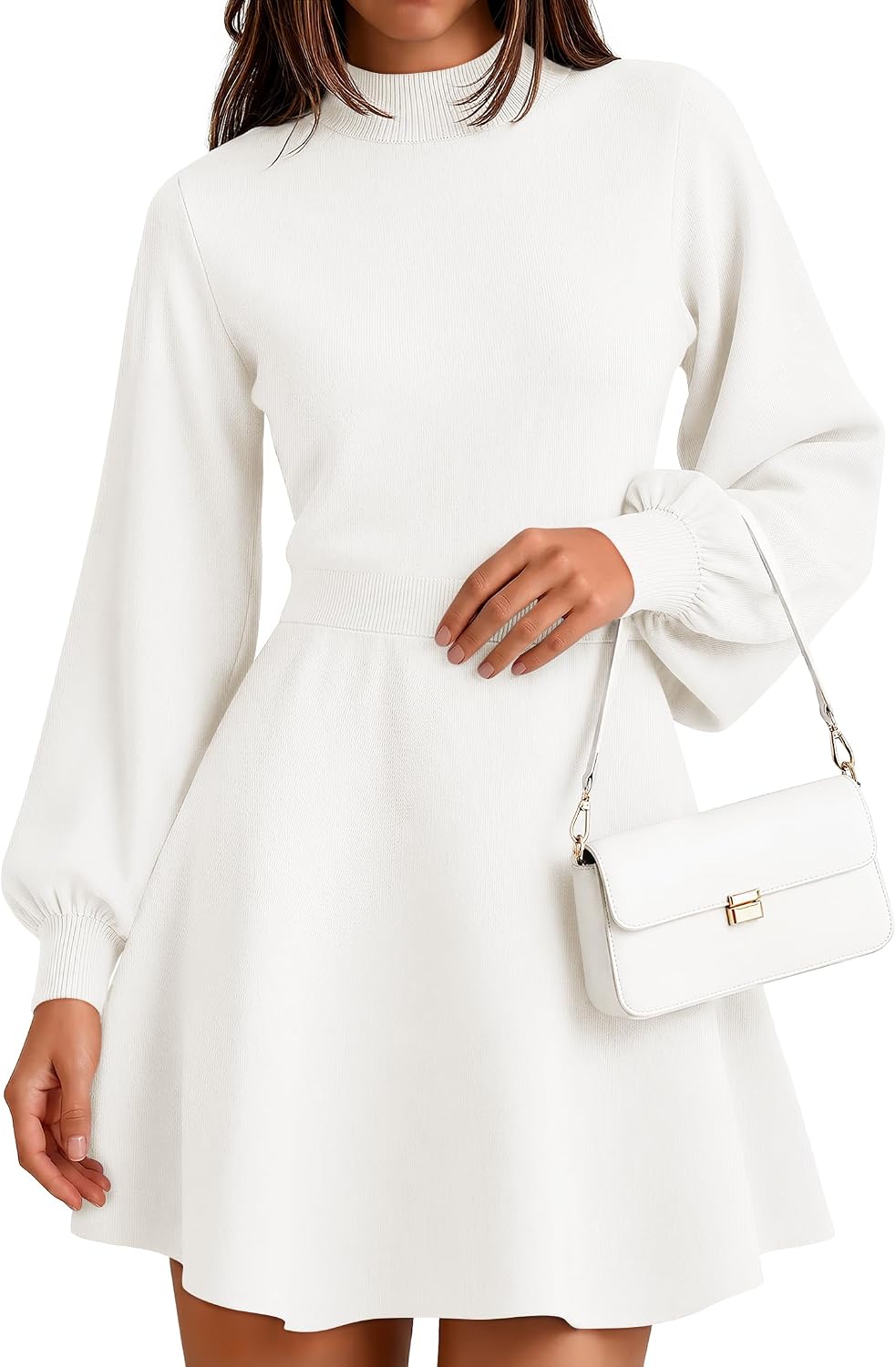 ZESICA Womens Fall Mock Neck Long Lantern Sleeve Sweater Mini Dress | High Waist A Line, Swing Short Dresses, Soft Ribbed Knit, 2026 Winter Elegant Cocktail Party Formal Wedding Guest Dress