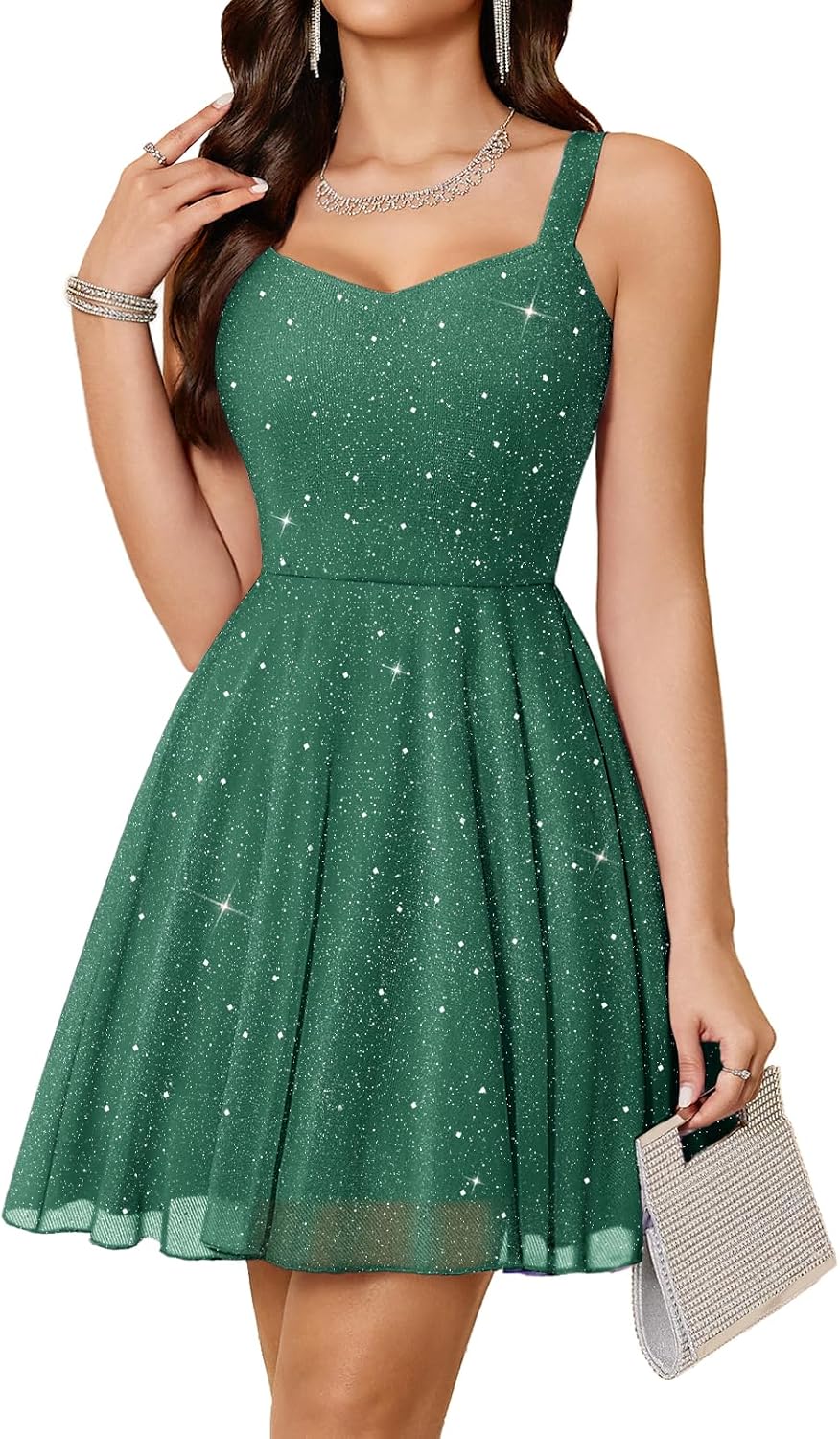 Meetjen Women's Short Cocktail Dress Sequin Formal Homecoming Dress | Sparkly Prom Dresses for Teens, Summer Mini Party Dress, A Line Sleeveless, V Neck, Fancy High Waist Wedding Guest 2026