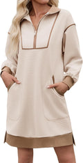 Wenrine Womens Half Zip Sweatshirt Dress Fall V Neck Contrast Mini Dresses | Oversized, Zip Up, Collared, Long Sleeve, Loose Fit, Slit Hem, Two Side Pockets, Sporty, Pullover