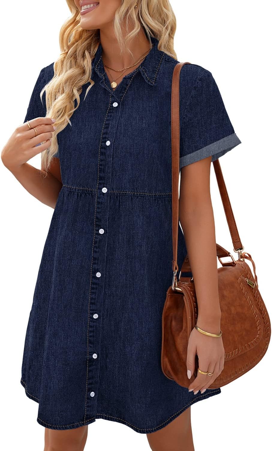LookbookStore Denim Dress for Women Short Sleeve Flowy Babydoll Jean Dress | Trendy Womens Summer Dresses, Tiered Baby Doll Short Dress, Above Knee Length, Button Down, Daily Wear, Country Concert Dress