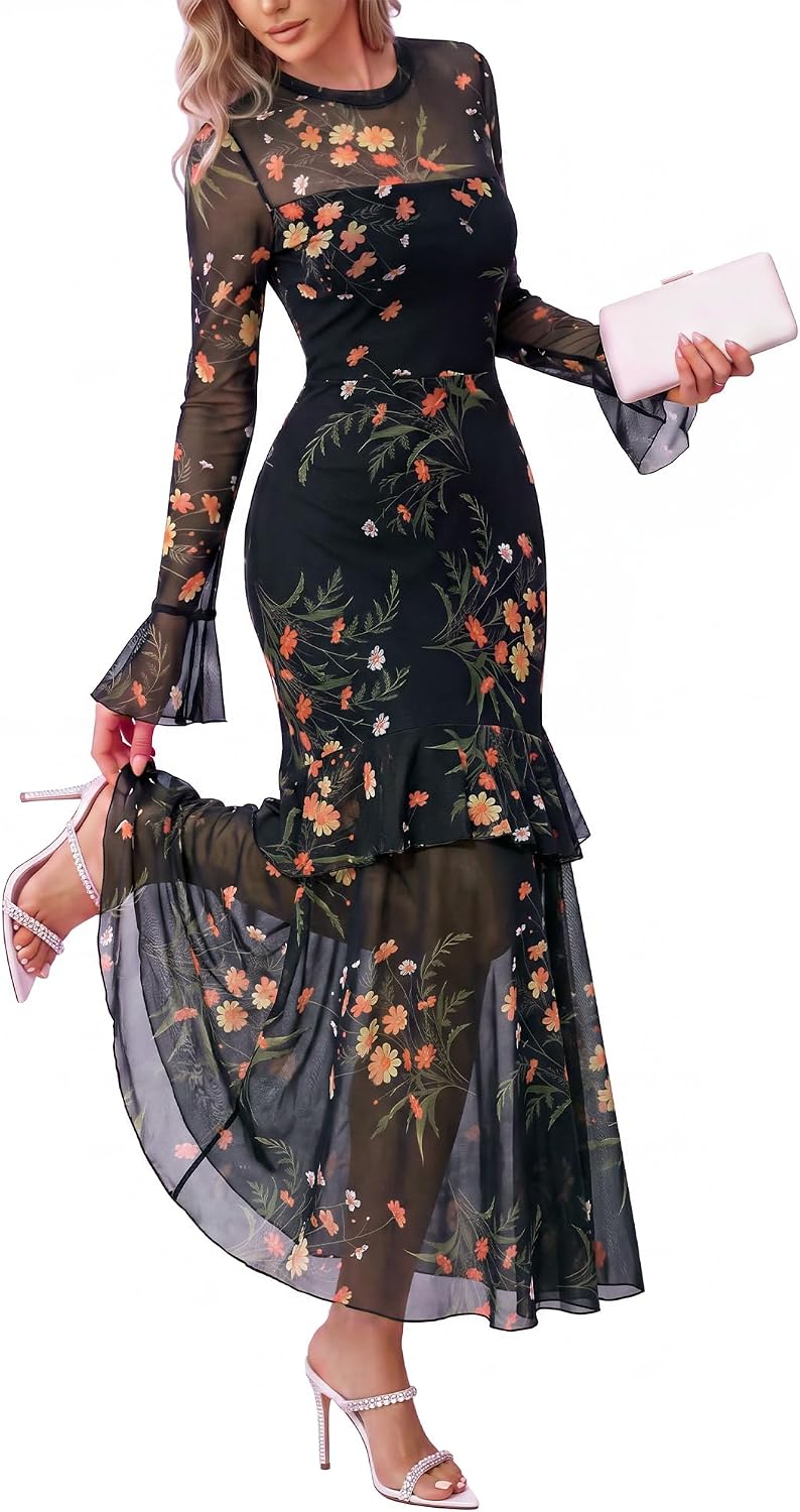BTFBM Elegant Wedding Guest Dress Long Sleeve Maxi Dresses for Women | Bell Sleeves,Crew Neck,Floral,Mesh,Tiered Ruffle,Fashion Clothing,Homecoming Dresses,Cocktail Dress,Maxi,Fall Outfits 2026