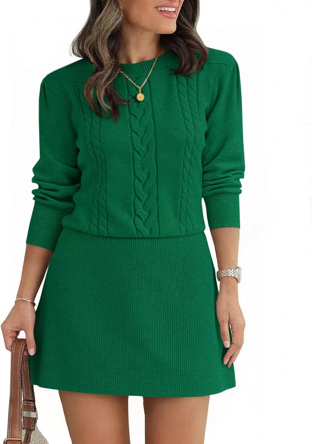 Saodimallsu Womens Puff Long Sleeve Sweater Dress Cable Knit Fall Dresses | Cable Knit, A Line, Crew Neck, Fall Casual, Flare Mini dress