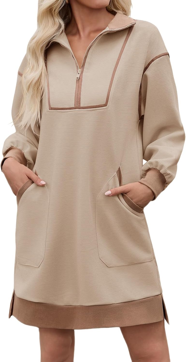 Wenrine Womens Half Zip Sweatshirt Dress Fall V Neck Contrast Mini Dresses | Oversized, Zip Up, Collared, Long Sleeve, Loose Fit, Slit Hem, Two Side Pockets, Sporty, Pullover