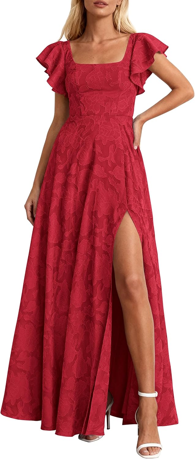 KIRUNDO Bridesmaid Wedding Guest Formal Dresses for Women | Elegant Summer Maxi Dress, Lace Floral Prom Party Cocktail Dress, Smocked Bust, Tie Back, Split A Line Swing, With Pockets