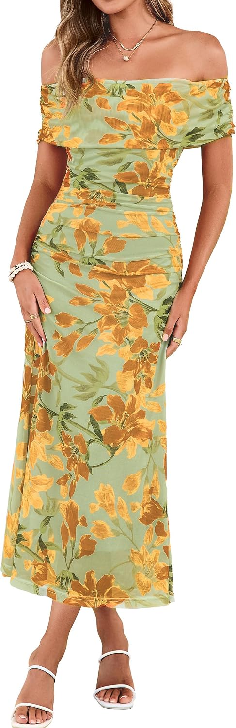 Simplee Womens Off Shoulder Maxi Dress Summer Floral Wedding Guest Dresses | Mesh Ruched Bodycon, Semi Formal Dress 2026, Strapless Spring Pastel Elegant, Cocktail Party Prom, Bridal Shower, Beach