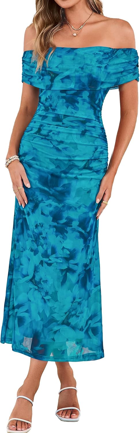 Simplee Womens Off Shoulder Maxi Dress Summer Floral Wedding Guest Dresses | Mesh Ruched Bodycon, Semi Formal Dress 2026, Strapless Spring Pastel Elegant, Cocktail Party Prom, Bridal Shower, Beach
