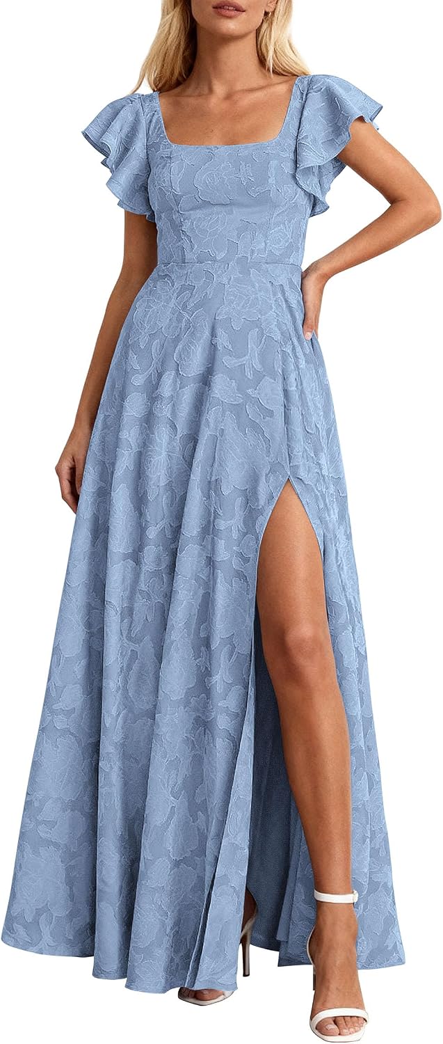 KIRUNDO Bridesmaid Wedding Guest Formal Dresses for Women | Elegant Summer Maxi Dress, Lace Floral Prom Party Cocktail Dress, Smocked Bust, Tie Back, Split A Line Swing, With Pockets