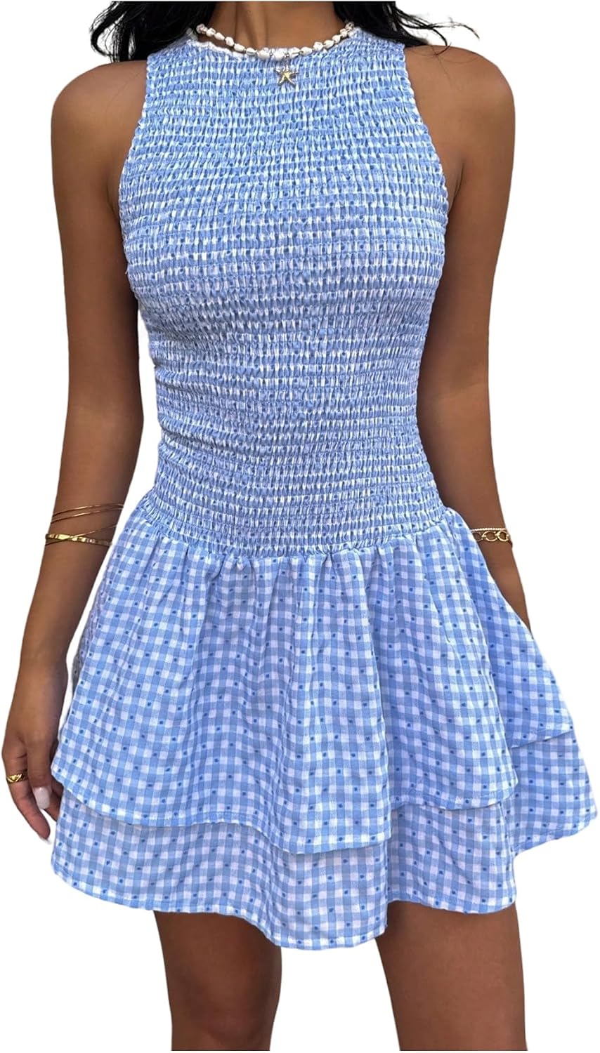 GORGLITTER Women's Gingham Mini Dress Cute Smocked Plaid Baby Doll Dresses | Picnic Country Dress, Boho Cowgirl Dresses, Ruffle Checkered Vacation Sundresses, Going Out Outfits