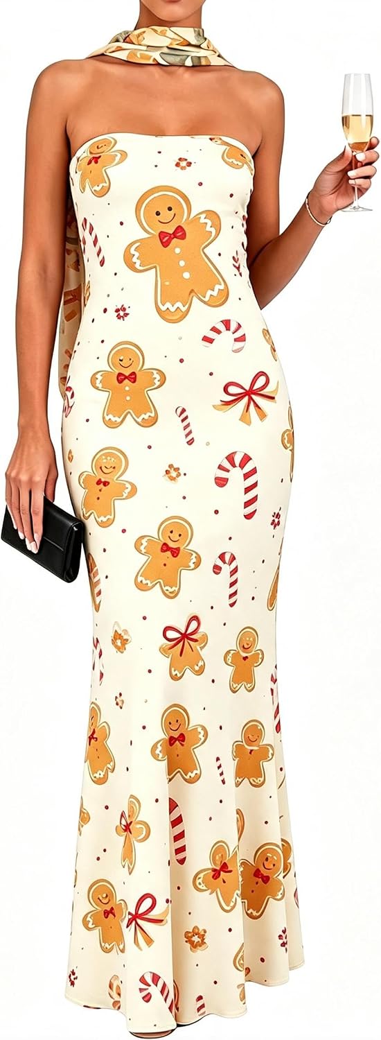 Women's Floral Strapless Tube Maxi Dress with Scarf, Bodycon Long Dress | 2-Layer: Mesh outer, stretchy lining\u2014no see-through, dress features non-slip strips. Suitable for spring and summer wear.