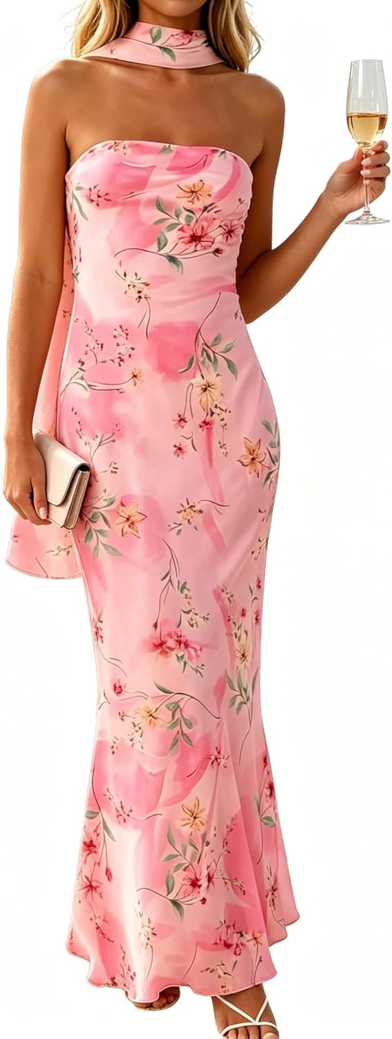Women's Floral Strapless Tube Maxi Dress with Scarf, Bodycon Long Dress | 2-Layer: Mesh outer, stretchy lining\u2014no see-through, dress features non-slip strips. Suitable for spring and summer wear.