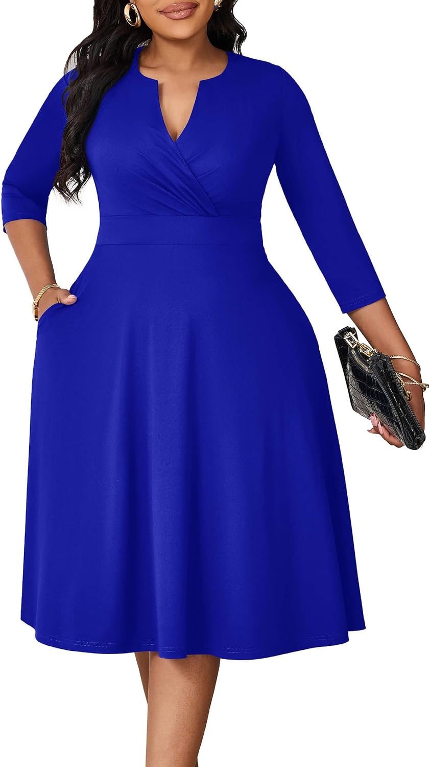 Runwind Plus Size Curvy Dresses for Women A-Line V Neck Casual Midi Dress | 3\/4 Sleeve, wrap shirred bodice, stretch empire waist, pockets & back hidden zipper, elegant style for cocktail party
