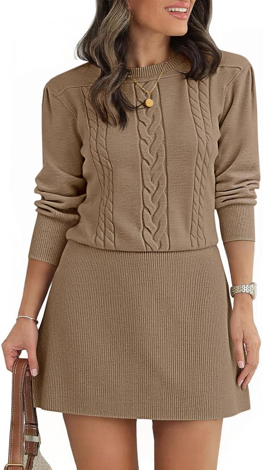 Saodimallsu Womens Puff Long Sleeve Sweater Dress Cable Knit Fall Dresses | Cable Knit, A Line, Crew Neck, Fall Casual, Flare Mini dress