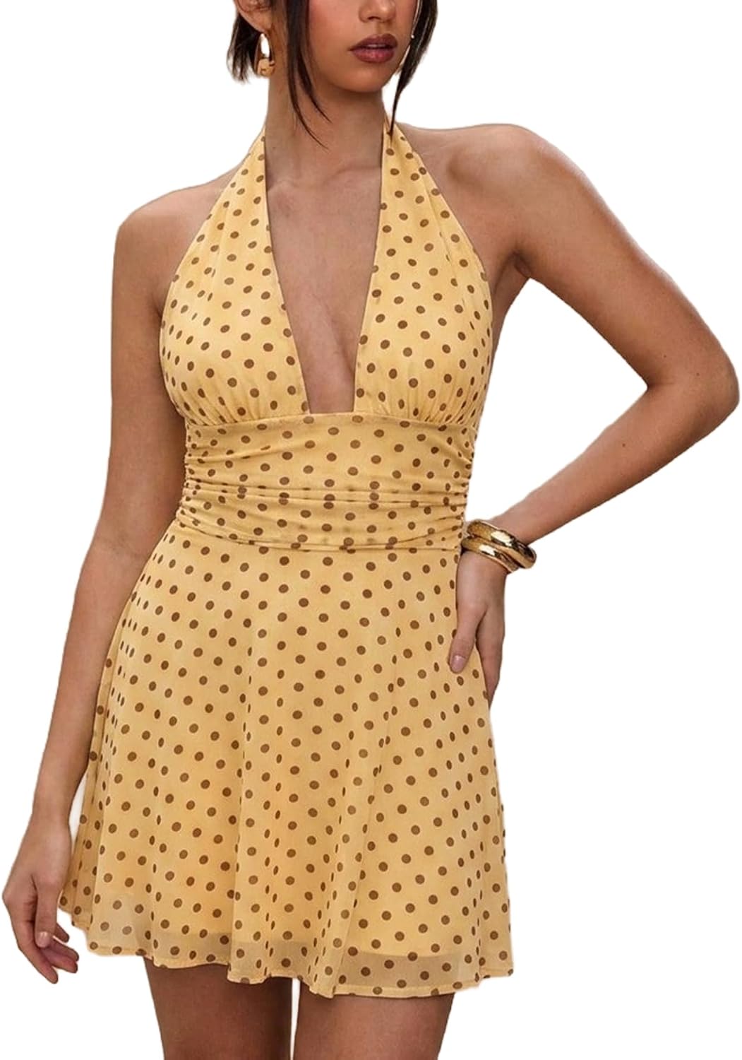 Milumia Women's Polka Dots Halter Mini Dress Sexy Deep V Neck Short Dresses | Date Night Dress, Going Out Outfits, Country Concert, A Line, Cocktail, Party Club, Summer, Fall
