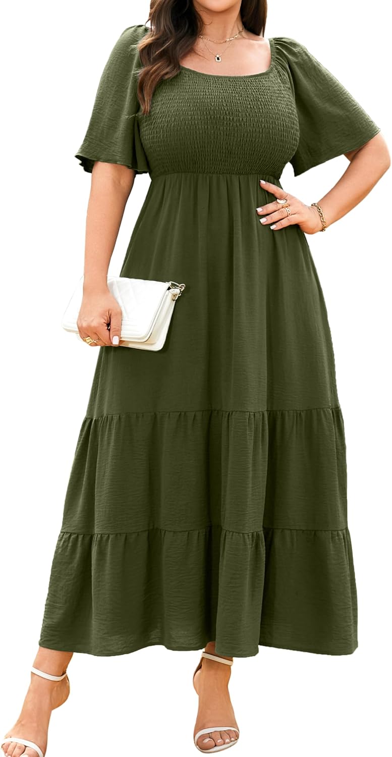 RWJ Women's Plus Size Summer Dresses Short Sleeve Smocked Boho Maxi Dress | Beach Dresses for Women 2026 Vacation, Bohemian Floral Square Neck Empire Waist, Wedding Guest Baby Shower Casual Sundress