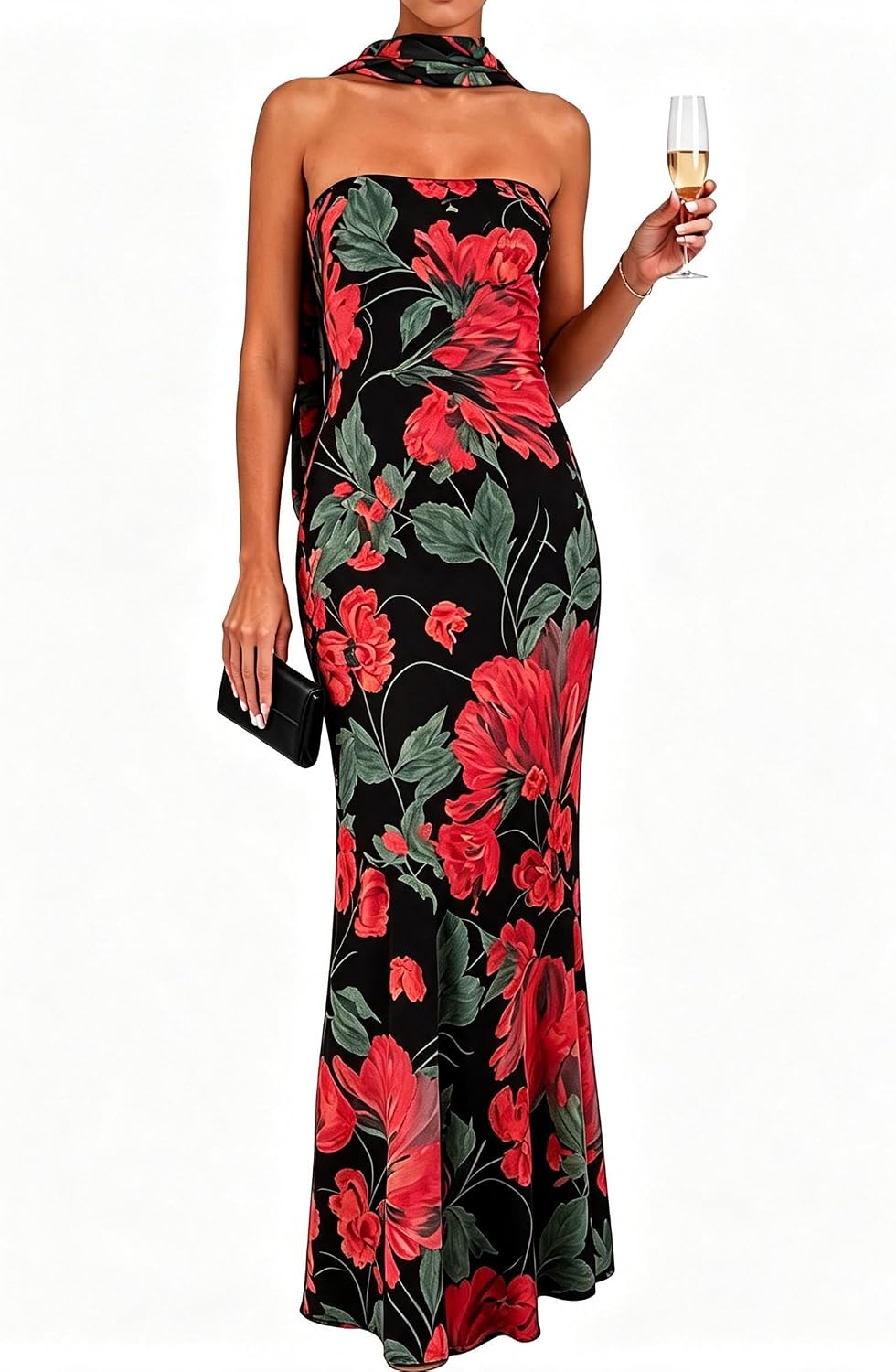 Women's Floral Strapless Tube Maxi Dress with Scarf, Bodycon Long Dress | 2-Layer: Mesh outer, stretchy lining\u2014no see-through, dress features non-slip strips. Suitable for spring and summer wear.