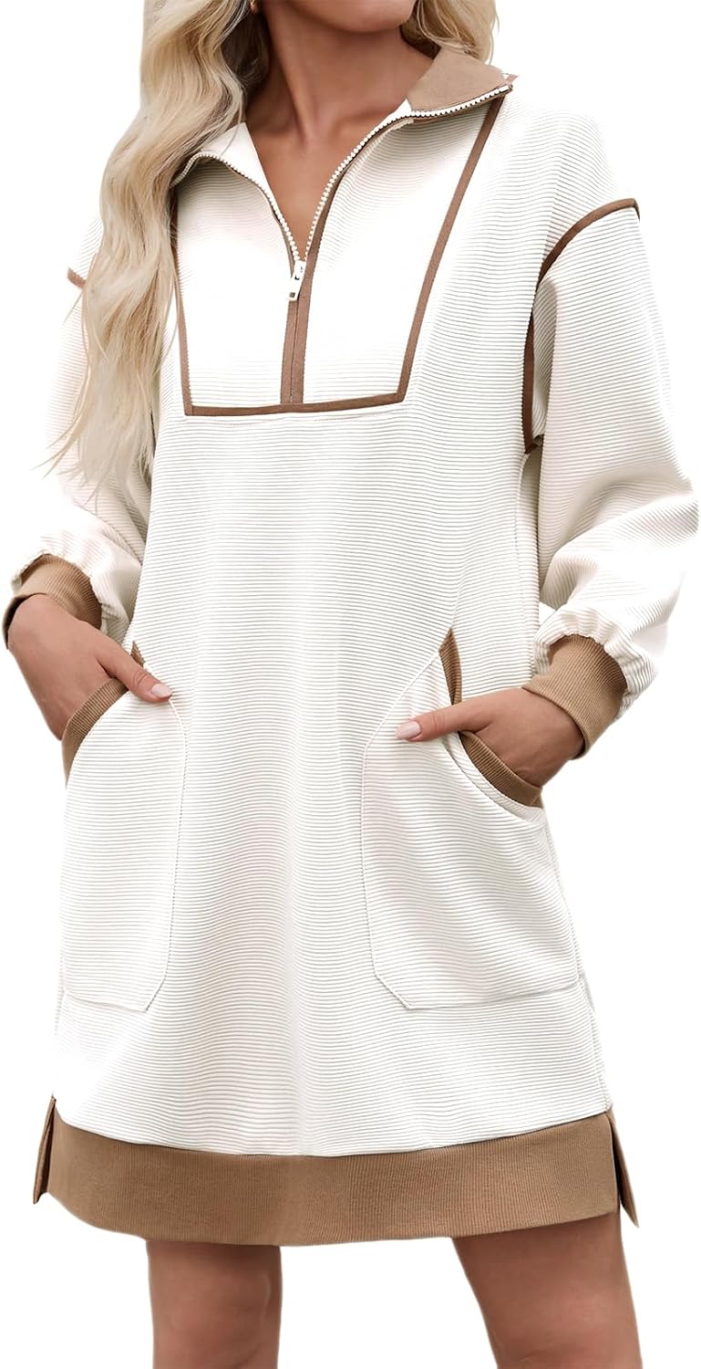Wenrine Womens Half Zip Sweatshirt Dress Fall V Neck Contrast Mini Dresses | Oversized, Zip Up, Collared, Long Sleeve, Loose Fit, Slit Hem, Two Side Pockets, Sporty, Pullover
