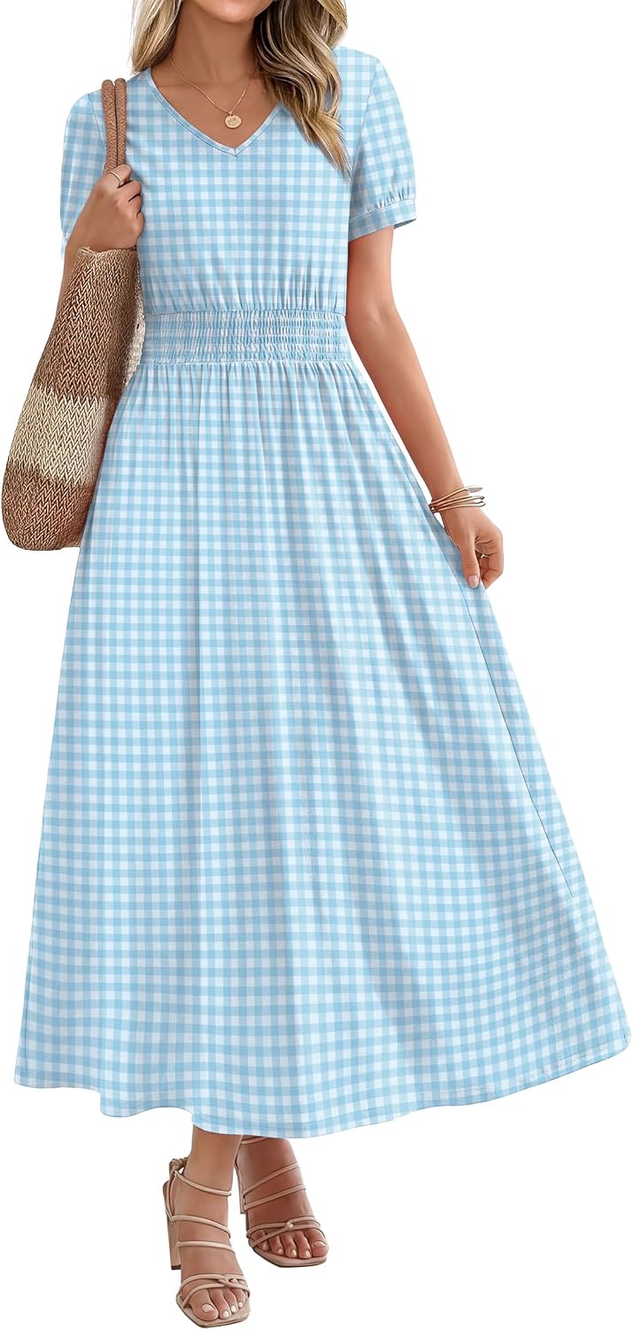 OFEEFAN Maxi Dresses for Women V Neck Ladies Midi Long Dress A Line Smocked Waisted Casual Summer Spring Clothes Boho Beach