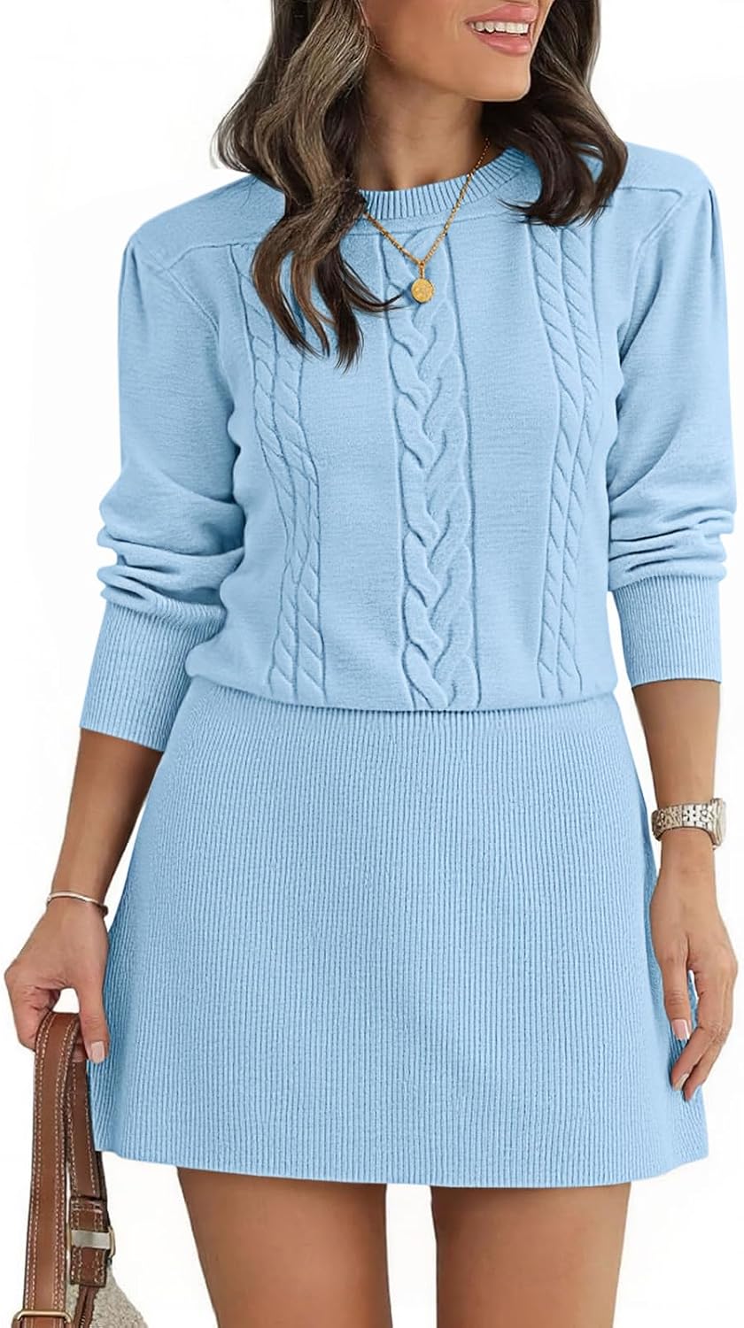 Saodimallsu Womens Puff Long Sleeve Sweater Dress Cable Knit Fall Dresses | Cable Knit, A Line, Crew Neck, Fall Casual, Flare Mini dress
