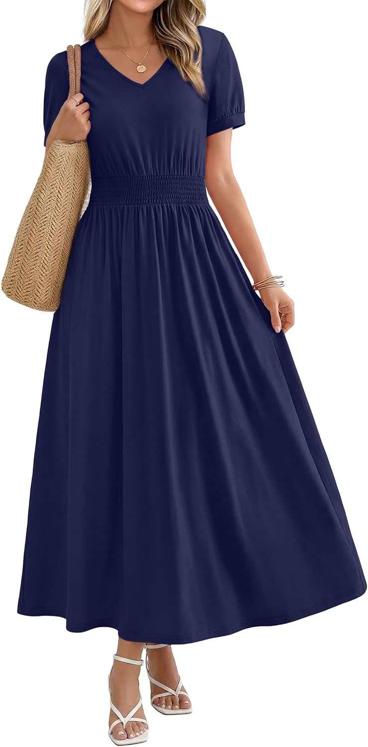 OFEEFAN Maxi Dresses for Women V Neck Ladies Midi Long Dress A Line Smocked Waisted Casual Summer Spring Clothes Boho Beach
