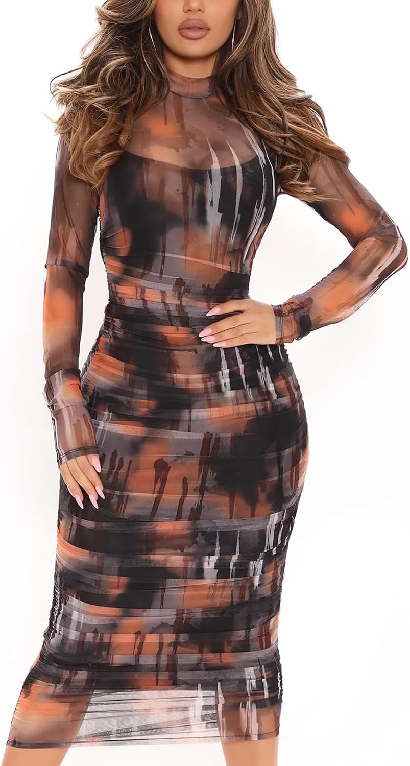 MOEENCN Women's Sexy Long Sleeve Sheer Mesh Midi Bodycon Dress 2 Piece Set | Sheer Printed Mesh Overlay, Adjustable Spaghetti\u2011Strap Slip Liner, Crew Neck, Date Night Birthday Going Out Clubwear