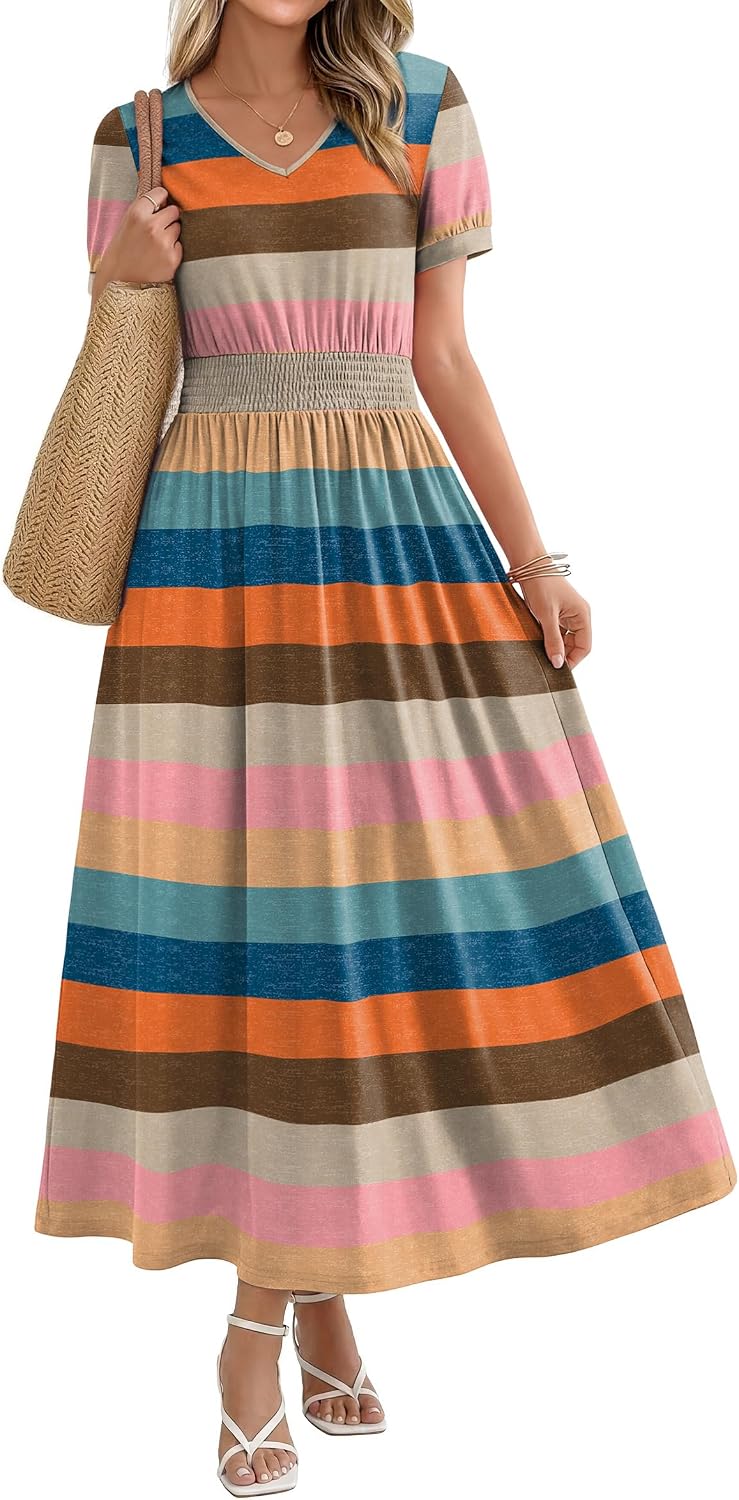 OFEEFAN Maxi Dresses for Women V Neck Ladies Midi Long Dress A Line Smocked Waisted Casual Summer Spring Clothes Boho Beach